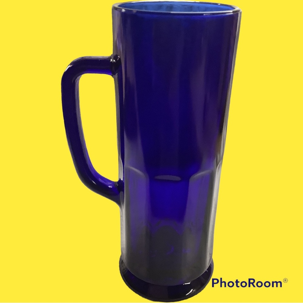 Vintage Cobalt Blue Glass Mug Beer Stein Cup, 16oz.  8 1/4" Tall